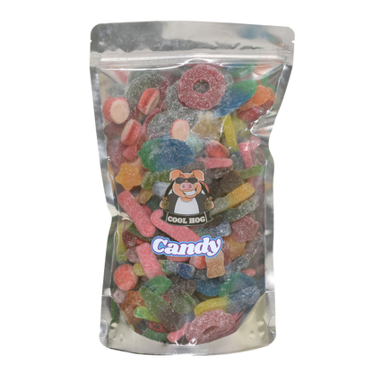 Cool Hog Snacks sweet and sour candy in a resealable 1kg bag, showing colorful candies inside the packaging.