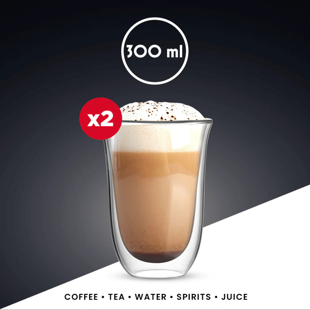 Set of two Brew Italia Firenze double-walled glass coffee cups, 300ml latte glasses showing clear glass with rounded shape.