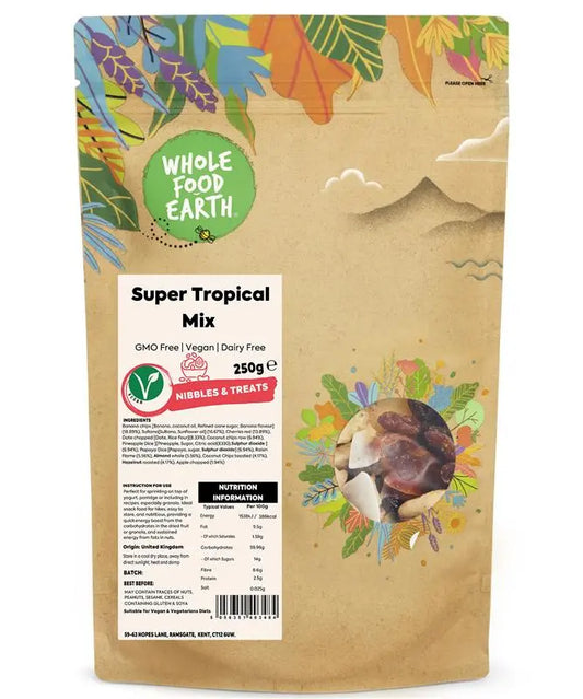 Whole Food Earth Super Tropical Mix cereal box featuring colorful tropical fruit illustrations on the front packaging.