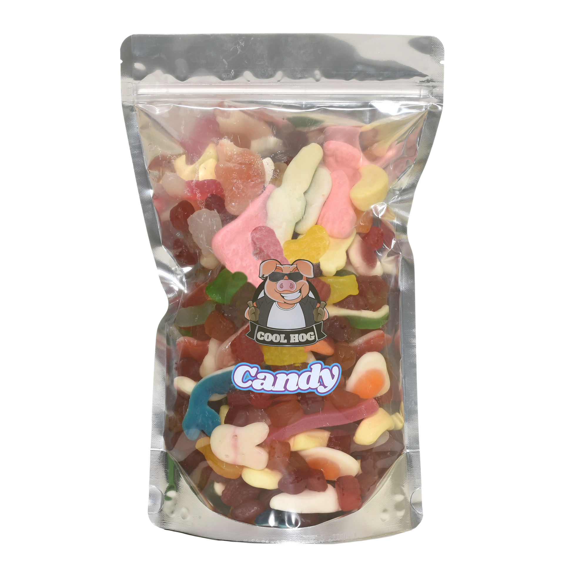 Colorful rainbow jelly candies in a resealable bag from Cool Hog Snacks, 1kg of sweet, chewy candy treats.