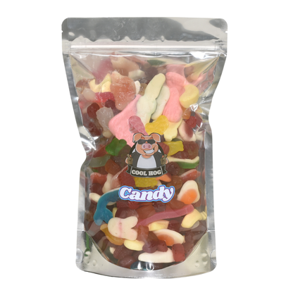 Colorful rainbow jelly candies in a resealable bag from Cool Hog Snacks, 1kg of sweet, chewy candy treats.