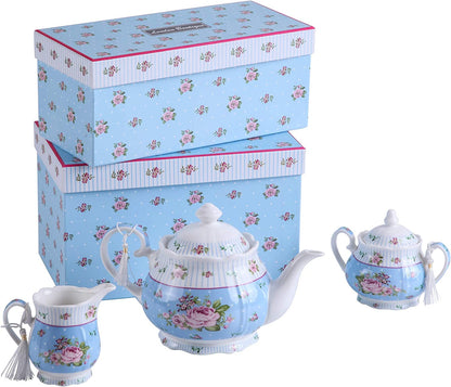 Tea Coffee Family Set for Mothers Day Coronation Party- 3 Tier Cake Stand, Teapot, Milk Jug, Sugar Bowl, 4 Plates, 4 Cups/ 4 Saucers (Blue)