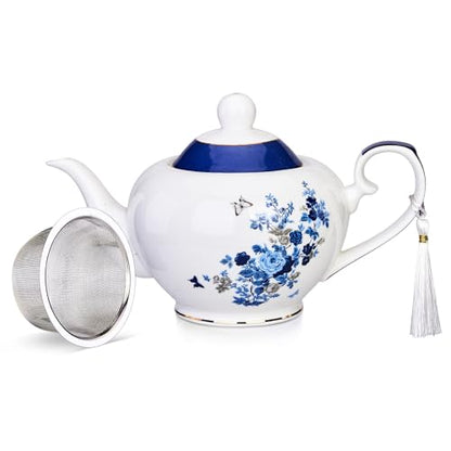 London Boutique teapot with Infuser - Tea Pot infusers for Loose Tea -700ml Capacity Perfect 2 Cup teapot -Easy Grab Handle Teapots (Rose Butterfly Navy)