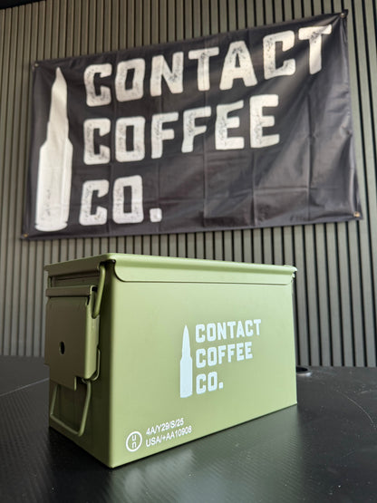 Contact Coffee Company Ltd. Coffee Ammo Box gear with metal construction, vintage style, and sturdy handle for storage or display.