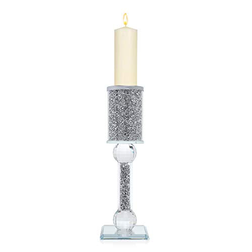London Boutique Crystal Candle Holder with sparkling crushed diamond-filled square base, elegant and decorative home decor piece