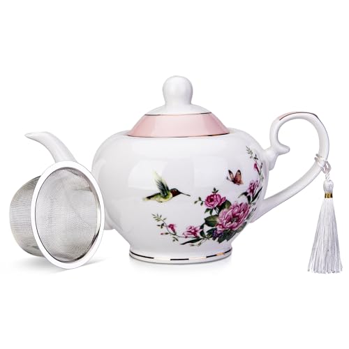 London Boutique Lifestyle rose pink teapot with infuser, 700ml capacity, easy handle, floral bird and butterfly design for loose tea brewing.