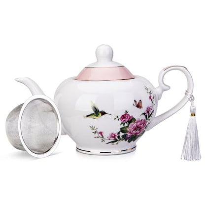 London Boutique Lifestyle rose pink teapot with infuser, 700ml capacity, easy handle, floral bird and butterfly design for loose tea brewing.