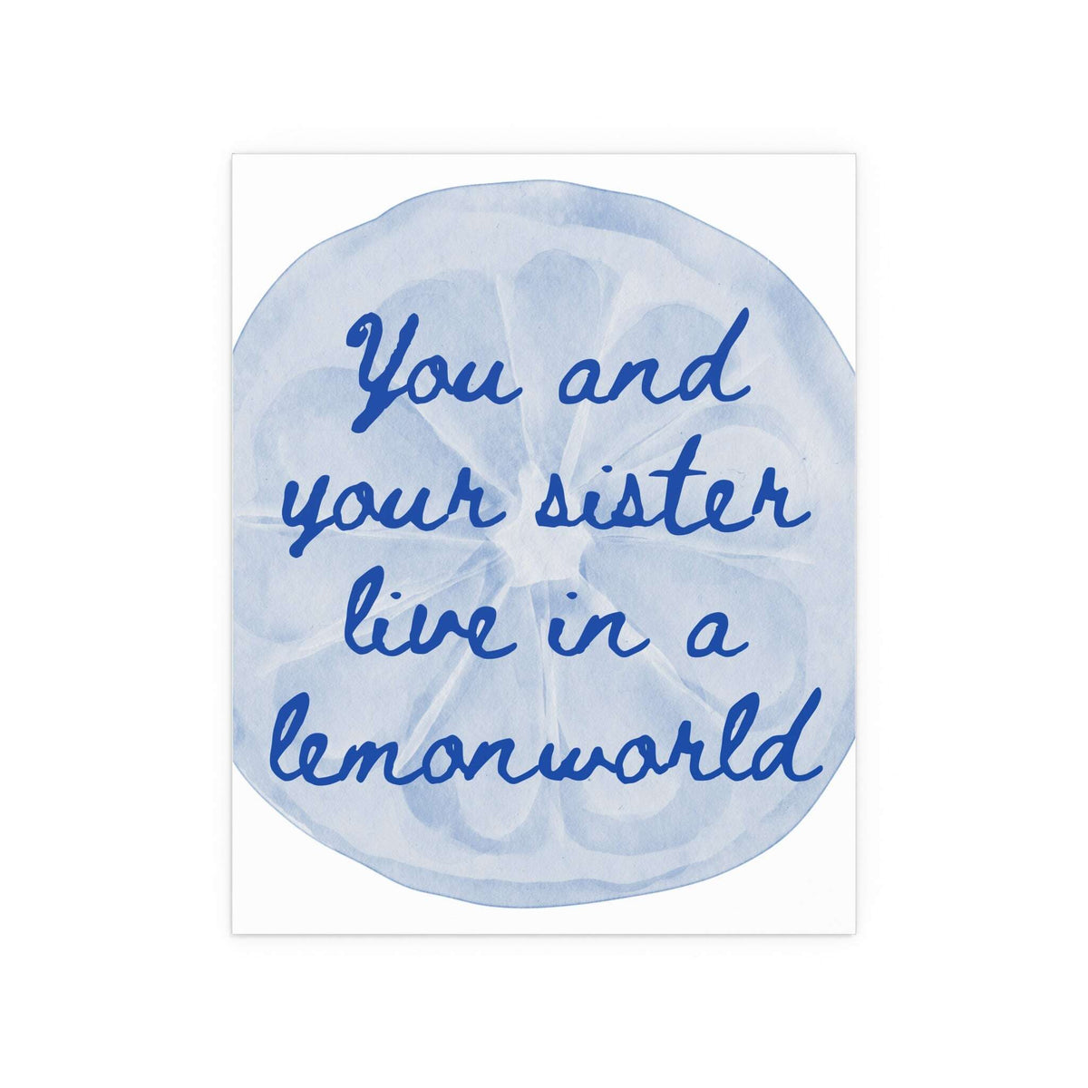 White and blue "Lemonworld" poster by The National, displayed on a wall, featuring vibrant lemon illustrations and artistic design.