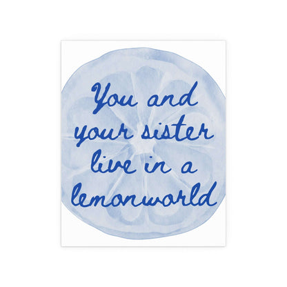 White and blue "Lemonworld" poster by The National, displayed on a wall, featuring vibrant lemon illustrations and artistic design.