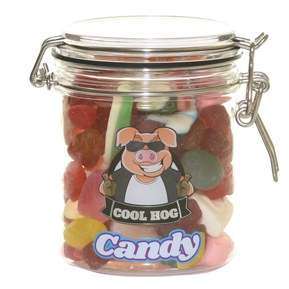 Colorful rainbow jelly mix candies in a clear gifting jar by Cool Hog Snacks, perfect for sweet gift-giving.