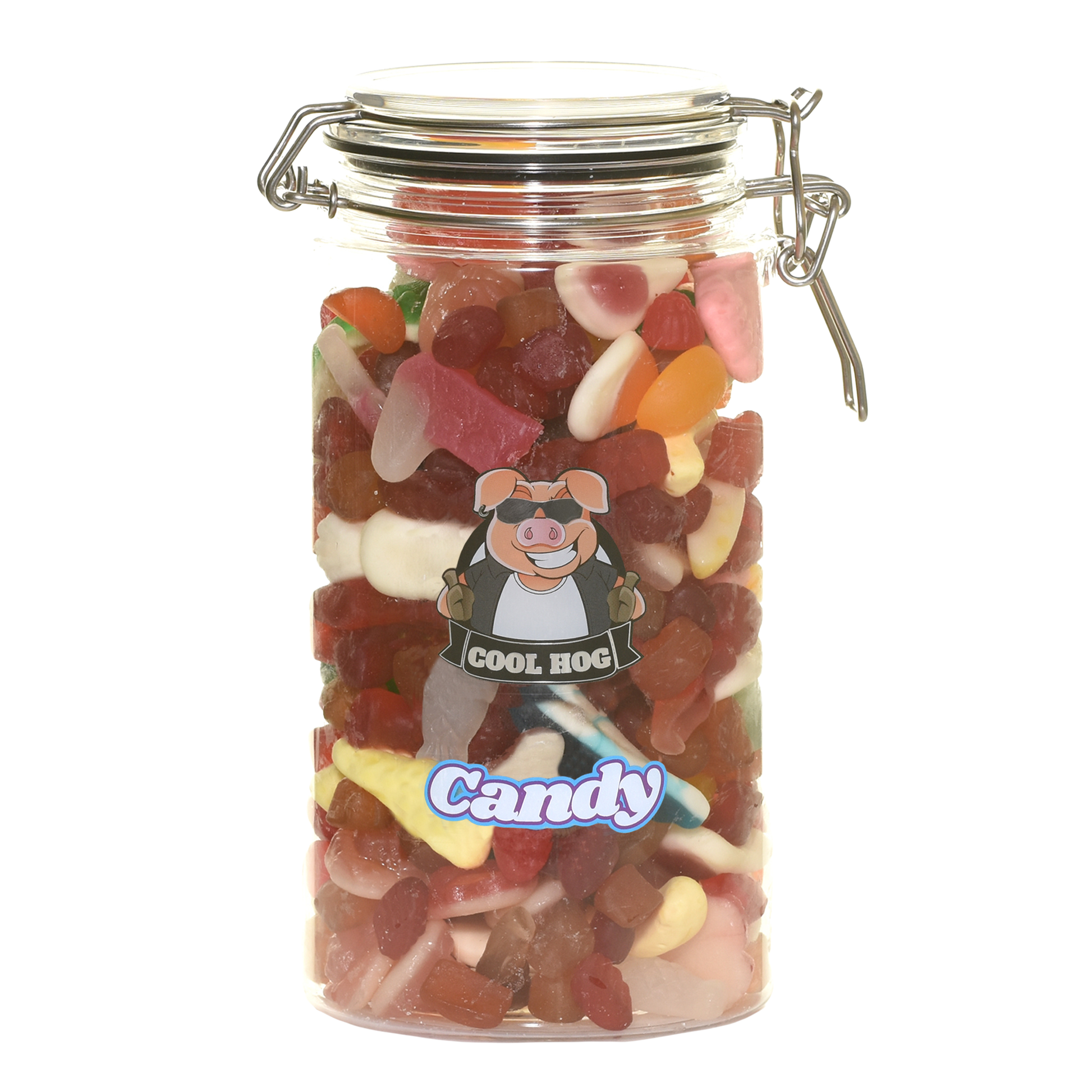 Colorful rainbow jelly mix candies in a clear gift jar by Cool Hog Snacks, perfect for sweet gifting and snacking.