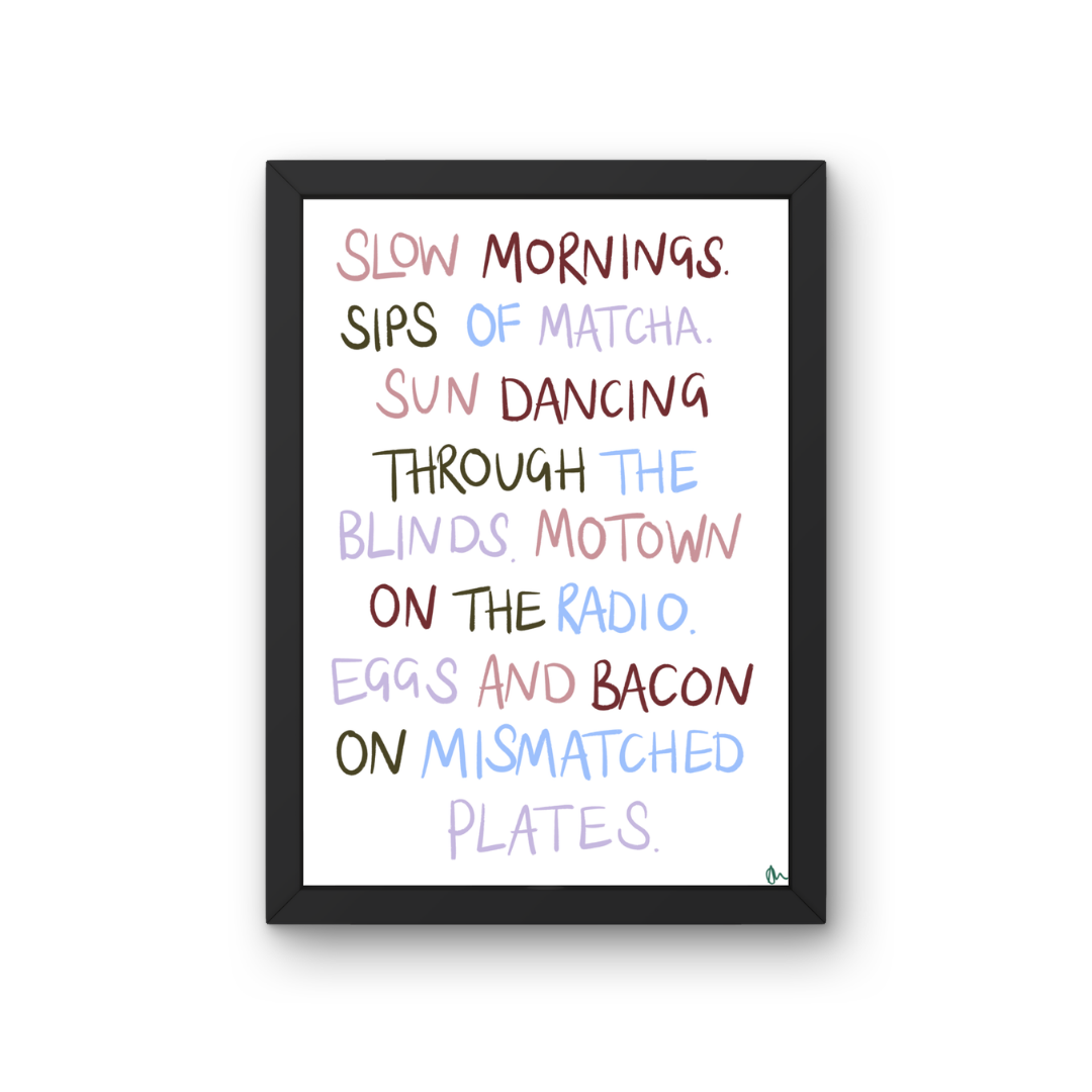 Relatable kitchen breakfast food and drink print by Peak Prints, featuring cozy morning scene with coffee, toast, and utensils.