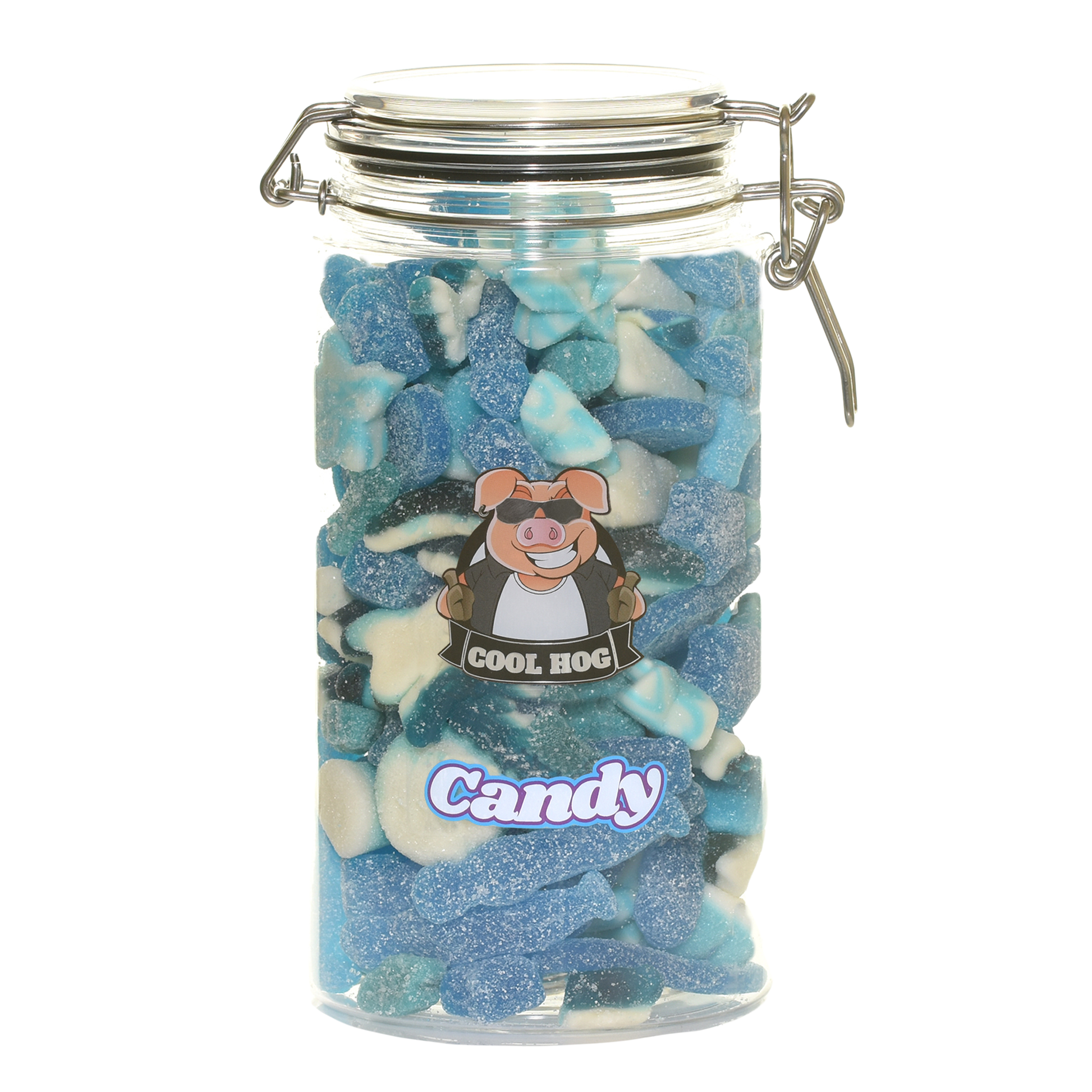 Blue fizzy mix candy in a clear jar, labeled Sky's The Limit by Cool Hog Snacks, perfect for gifting or snacking.