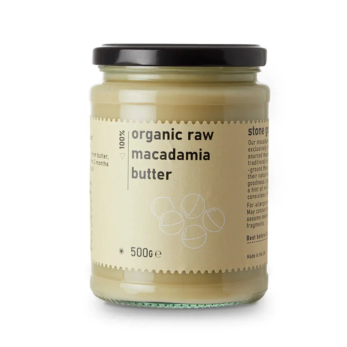 Organic raw macadamia butter from Whole Food Earth, creamy nut butter in a jar, ideal for healthy snacks and baking.