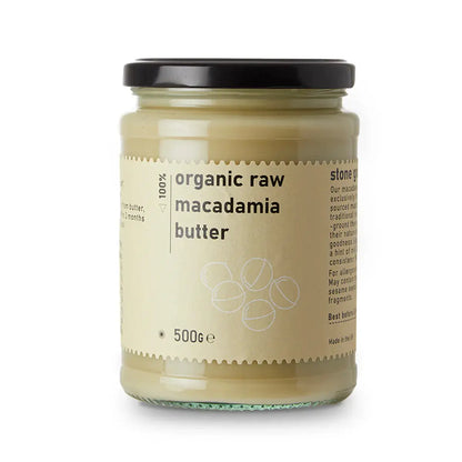 Organic raw macadamia butter from Whole Food Earth, creamy nut butter in a jar, ideal for healthy snacks and baking.
