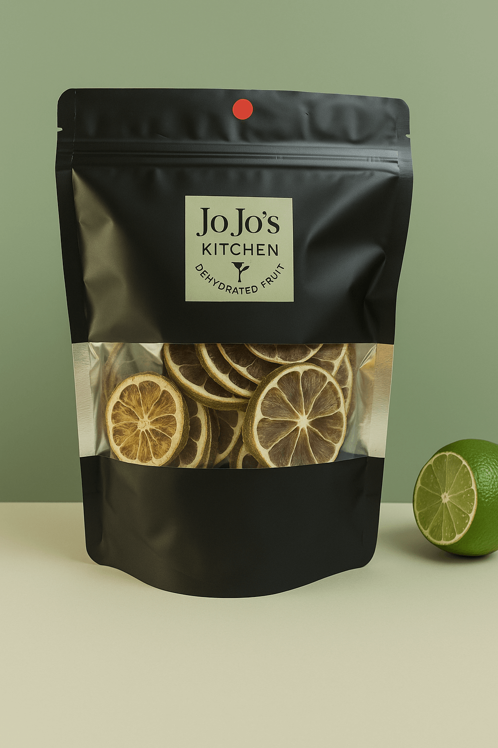 Dried lime slices from JoJo’s Kitchen, thinly sliced dehydrated citrus pieces with a vibrant green and yellow color for culinary use.