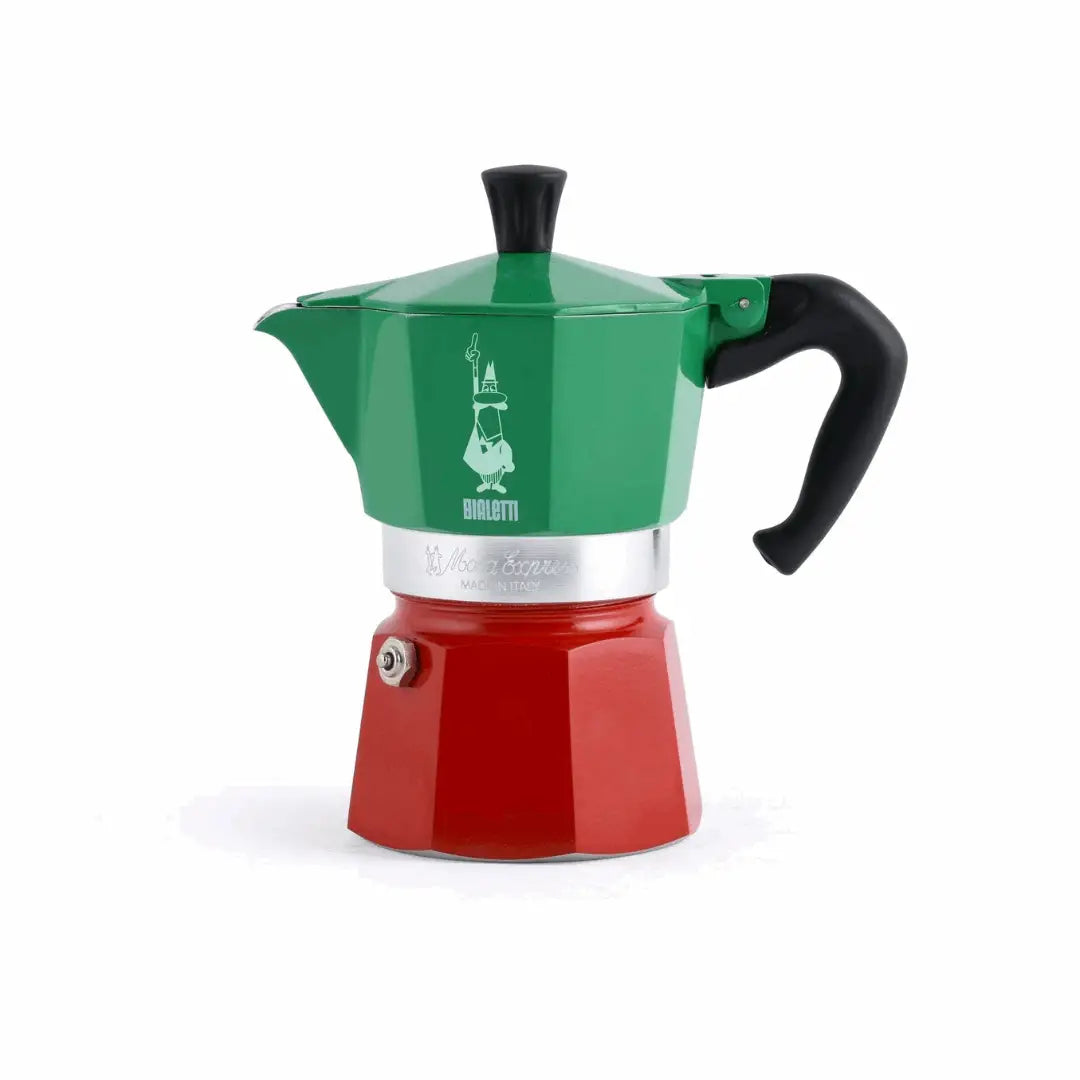 Bialetti Moka Express Tricolore Italy stovetop coffee maker in blue, red, and green with a 3-cup capacity on a stovetop.
