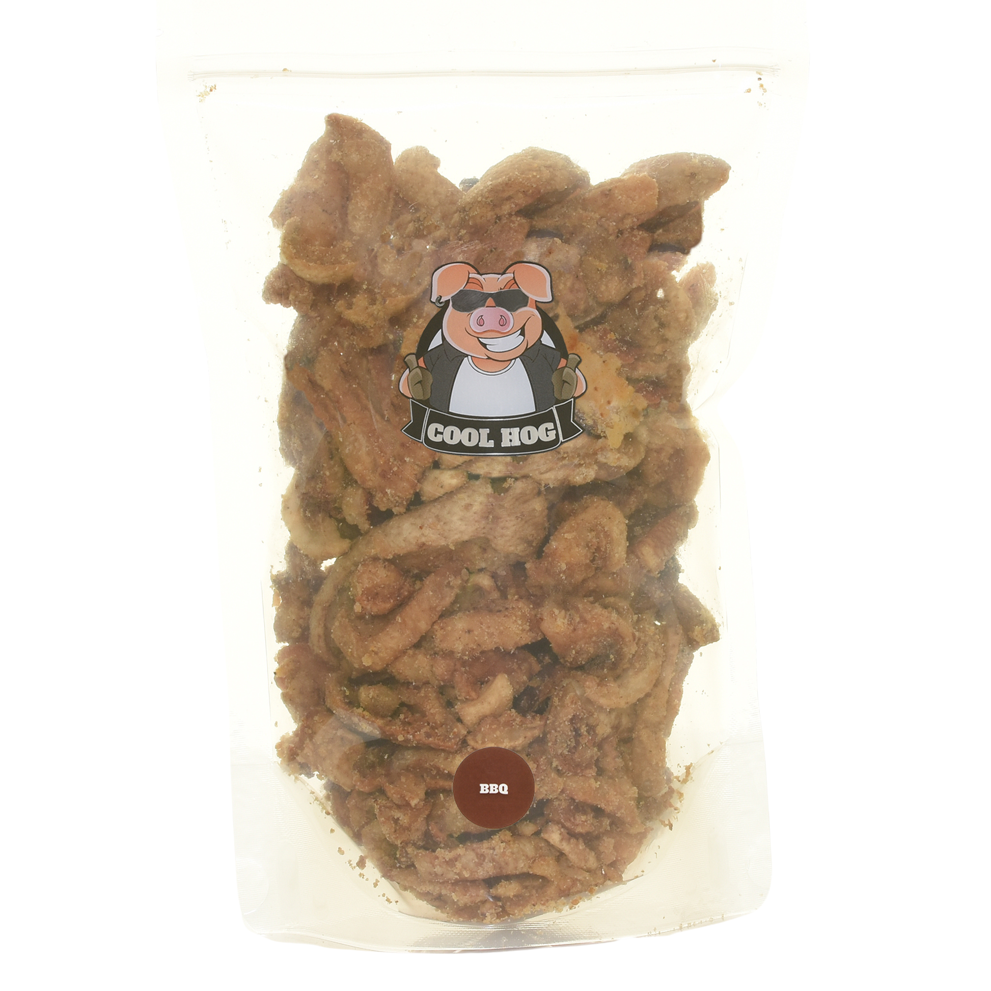Cool Hog Snacks BBQ Flavour Pork Scratching Jar Refill showing pork scratchings in a resealable bag.
