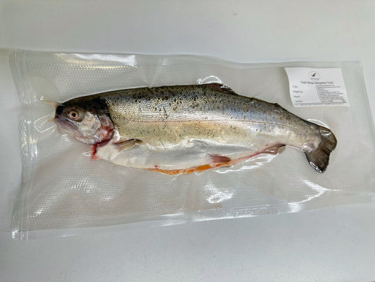Fresh whole rainbow trout from Butler Country Estates, displayed on ice with vibrant scales and clear eyes, ready for online order.
