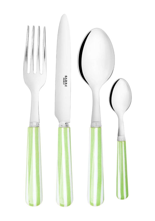 Four-piece Casa by Josephine Jenno candy stripe green and white cutlery set with forks, knives, and spoons on a white background.