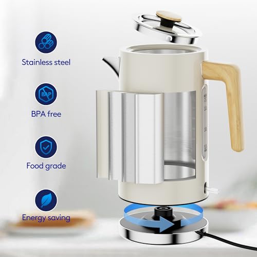 London Boutique Lifestyle white electric kettle with wood effect handle, stainless steel body, cordless design, fast boil, and boil dry protection.