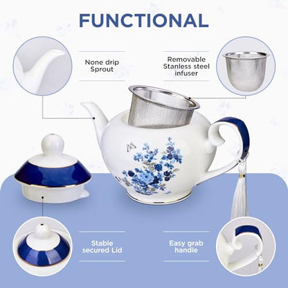 London Boutique teapot with Infuser - Tea Pot infusers for Loose Tea -700ml Capacity Perfect 2 Cup teapot -Easy Grab Handle Teapots (Rose Butterfly Navy)