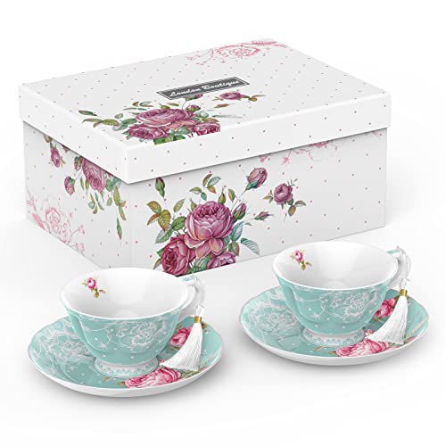 London Boutique Lifestyle turquoise bone china tea cup and saucer set with vintage floral design, perfect for afternoon tea.