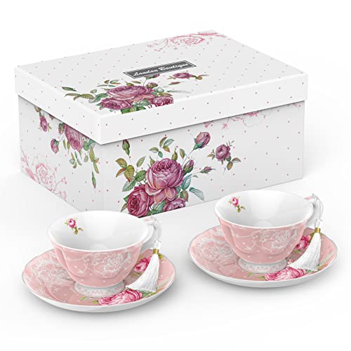 London Boutique Lifestyle pink bone china tea cup and saucer set with vintage floral design, perfect for afternoon tea.