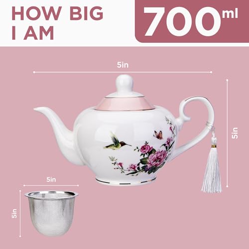 London Boutique Lifestyle pink teapot with rose, bird, and butterfly design, 700ml capacity, easy grab handle, ideal for loose tea brewing.