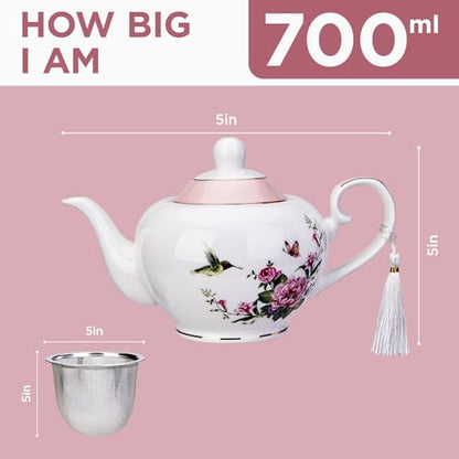 London Boutique Lifestyle pink teapot with rose, bird, and butterfly design, 700ml capacity, easy grab handle, ideal for loose tea brewing.