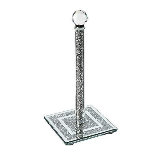 London Boutique Lifestyle crystal kitchen roll holder with square base, sparkling crushed diamonds, free-standing design, 11.8 inches tall.