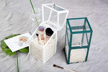 London Boutique large makeup organiser with lid, dustproof pearls, in pine green, for cosmetics and makeup brush storage.