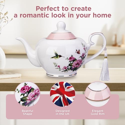 London Boutique Lifestyle pink teapot with infuser, 700ml capacity, rose bird butterfly design, easy grab handle, ideal for loose tea brewing.