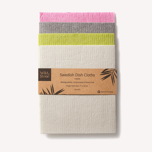 Set of four compostable Wild And Stone Swedish dish cloths with absorbent, eco-friendly material for kitchen cleaning.