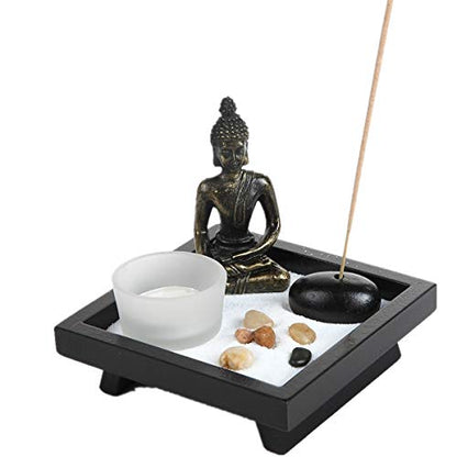 Thai sitting Buddha ornament statue with candle holders, natural stone and rattan incense gift set by London Boutique Lifestyle.