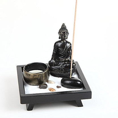 Thai Sitting Buddha ornament statue with candle holder, made of natural stone and rattan, part of London Boutique Lifestyle gift set.