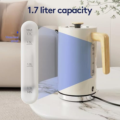 London Boutique Lifestyle white electric kettle with wood effect handle, fast boil, cordless design, stainless steel, and boil dry protection.