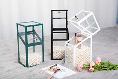 London Boutique large makeup organizer with dustproof lid, holding makeup brushes and cosmetics in pine green with pearl accents