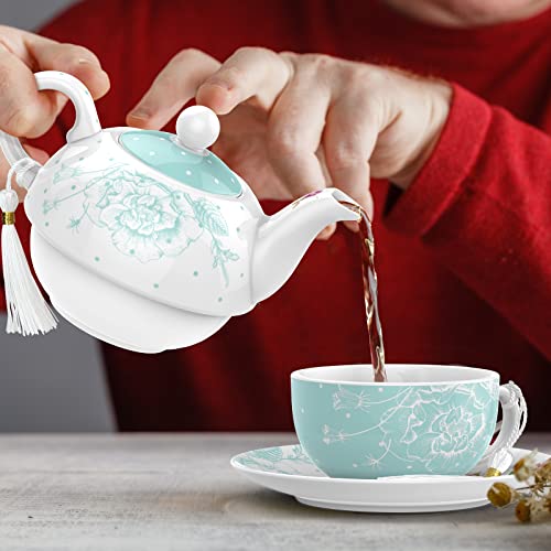 London Boutique Lifestyle turquoise bone china teapot and cup set with vintage floral design, perfect for afternoon tea for one.