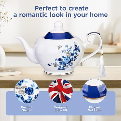 London Boutique teapot with Infuser - Tea Pot infusers for Loose Tea -700ml Capacity Perfect 2 Cup teapot -Easy Grab Handle Teapots (Rose Butterfly Navy)