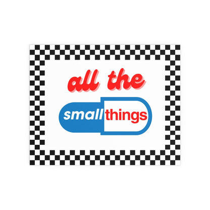 Colorful poster of Blink 182's "All The Small Things" design by Glow On Prints, featuring band imagery and vibrant artwork.