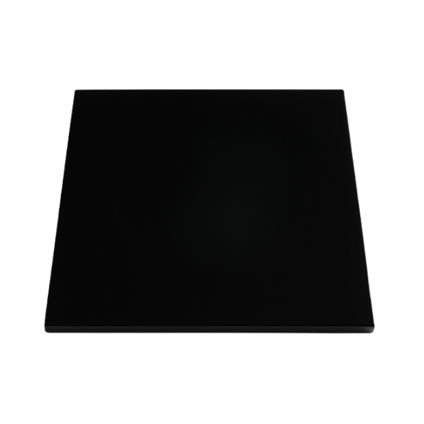 Black glass square coaster from Glassware UK, showing a sleek, reflective surface ideal for protecting tabletops.