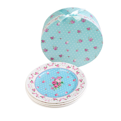 London Boutique Party Side Dessert Plates 7 Inches Wide Rimmed Rose Blue (Set of 4)