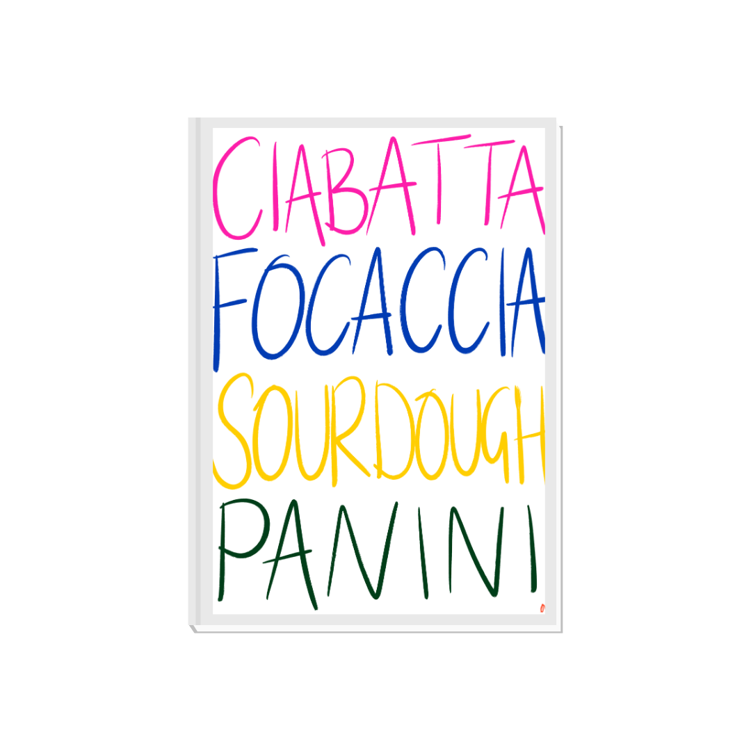 Colorful bold typographic kitchen print featuring bread-related phrases, designed by Peak Prints for bread lovers.