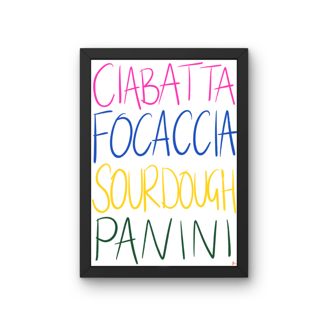 Colorful bold kitchen typographic print featuring bread lovers design from Peak Prints, with vibrant text and bread illustrations.