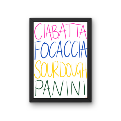 Colorful bold kitchen typographic print featuring bread lovers design from Peak Prints, with vibrant text and bread illustrations.