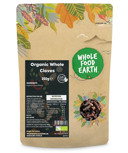 Whole Food Earth organic whole cloves, whole herbs and spices, showing dark brown dried flower buds in a close-up image.