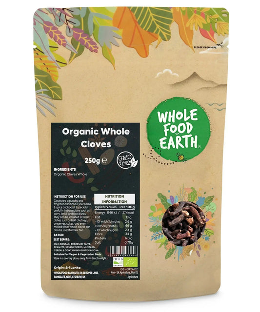Whole Food Earth organic whole cloves, whole herbs and spices, showing dark brown dried flower buds in a close-up image.