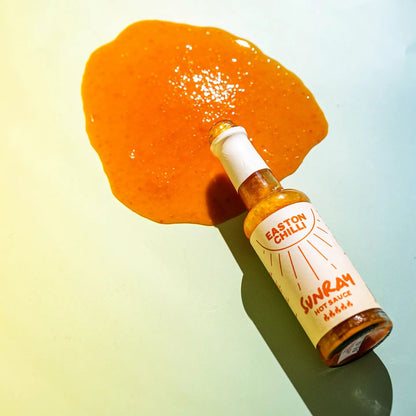 Easton Chilli Sunray hot sauce bottle with kumquat, habanero, and scotch bonnet peppers on the label