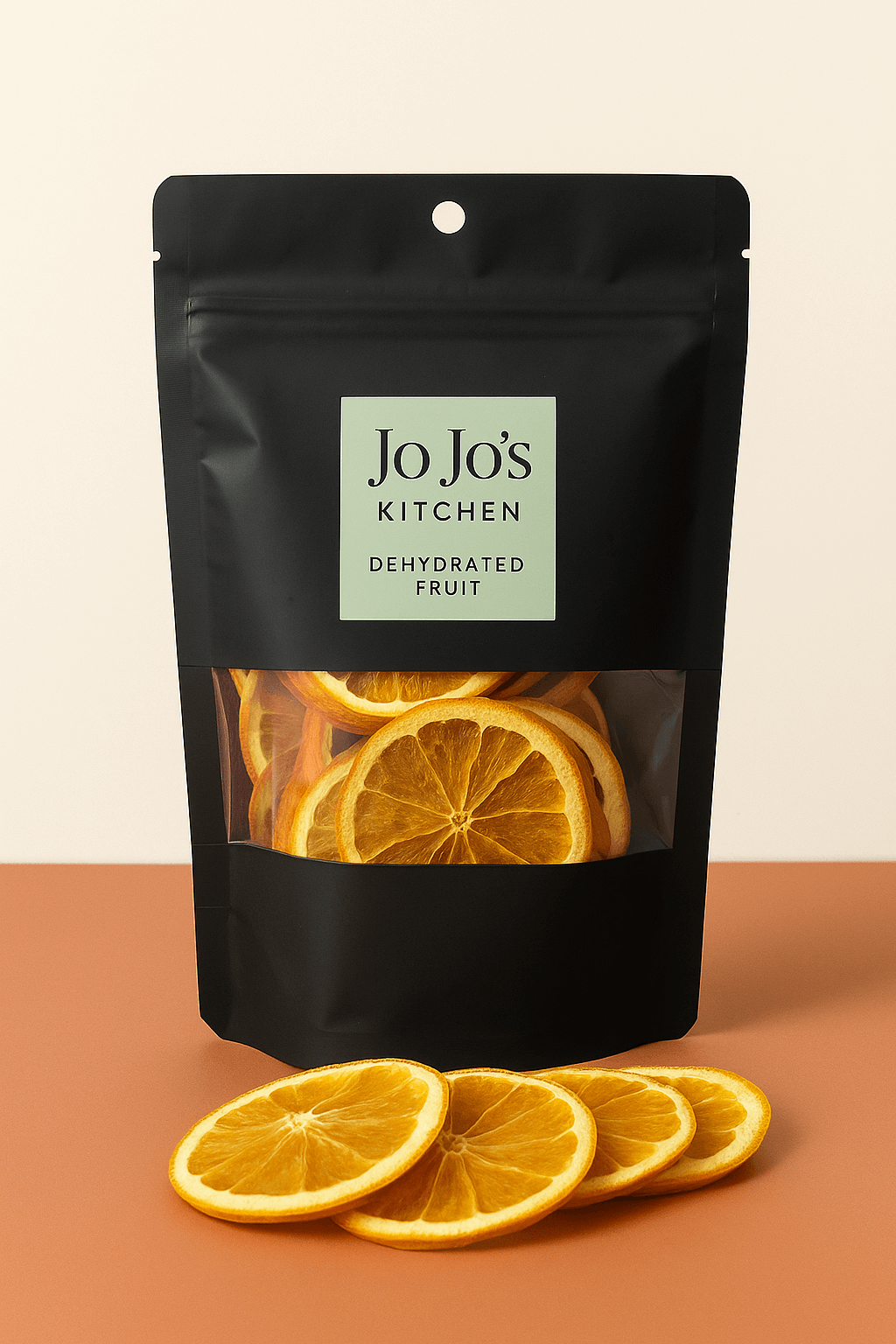 Dried dehydrated orange slices from JoJo’s Kitchen, bright orange fruit with textured surface, perfect for snacks or garnishing.